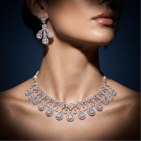 Diamond necklace and earrings on a model against a dark background
