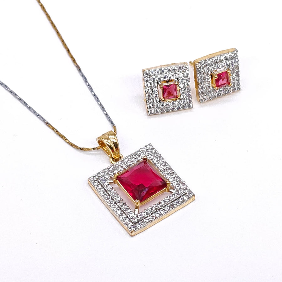 Dual-tone ruby red square American diamond pendant set with matching earrings in silver and gold plating