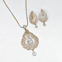 Dual-tone Victorian American diamond pendant set with matching earrings and intricate vintage-inspired design for women