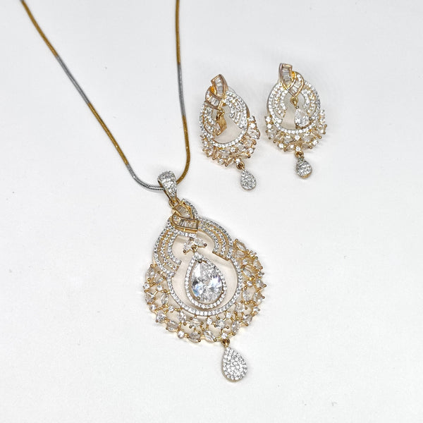 Dual-tone Victorian American diamond pendant set with matching earrings and intricate vintage-inspired design for women