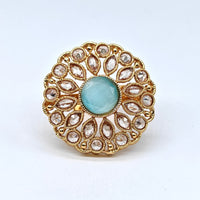 Gold-plated aqua rosette adjustable ring with blue center stone and sparkling crystal accents for women