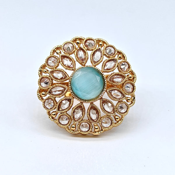 Gold-plated aqua rosette adjustable ring with blue center stone and sparkling crystal accents for women