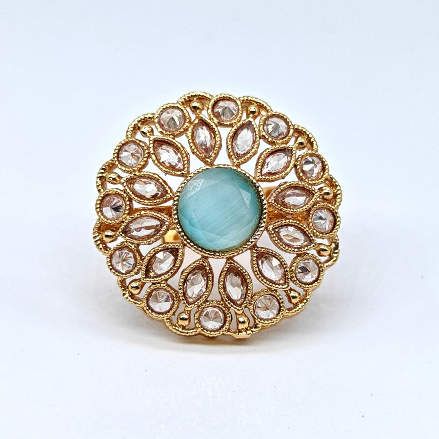 Gold-plated aqua rosette adjustable ring with blue center stone and sparkling crystal accents for women