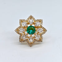 Gold-plated emerald starflower adjustable ring with green center stone and sparkling crystal petal design for women