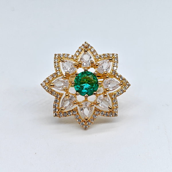 Gold-plated emerald starflower adjustable ring with green center stone and sparkling crystal petal design for women