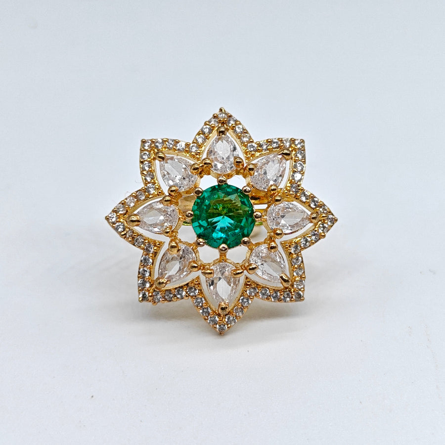 Gold-plated emerald starflower adjustable ring with green center stone and sparkling crystal petal design for women