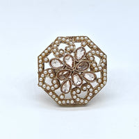 Gold-plated pearl blossom adjustable ring with floral crystal design and pearl accents for women