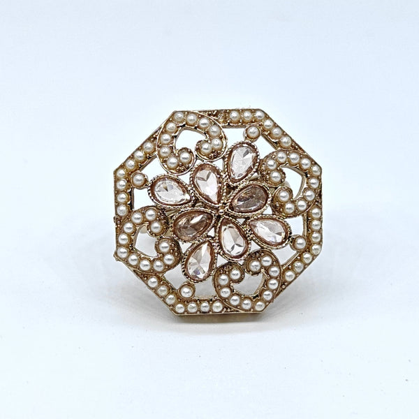 Gold-plated pearl blossom adjustable ring with floral crystal design and pearl accents for women