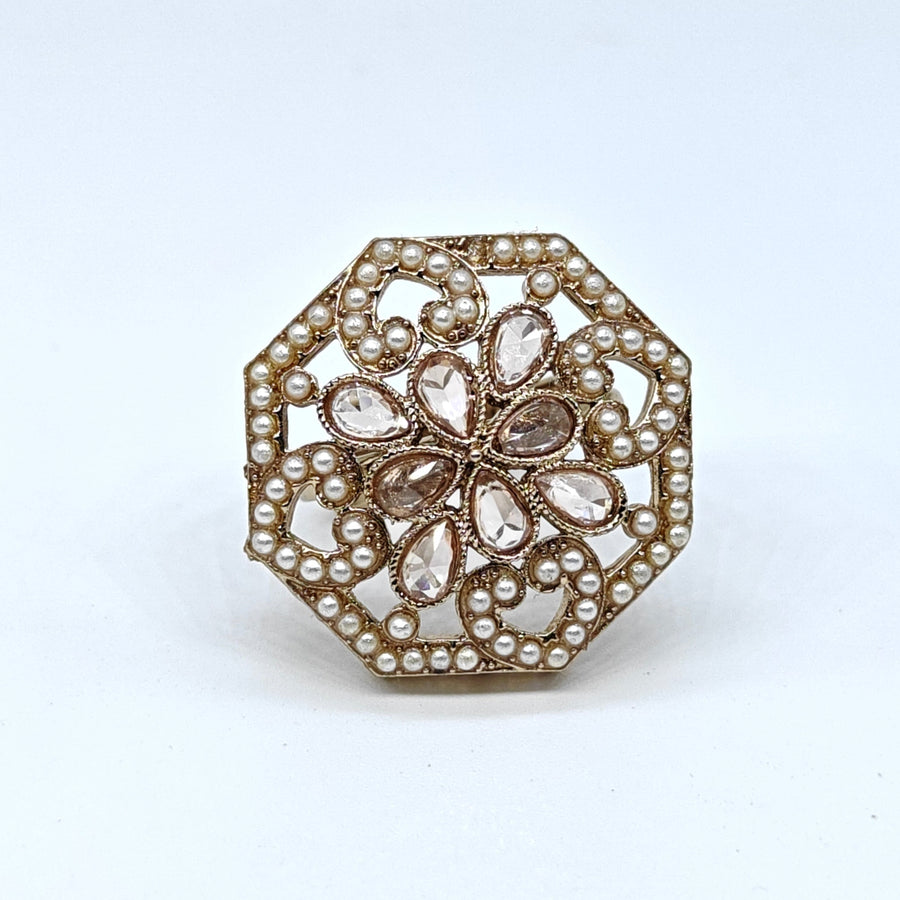 Gold-plated pearl blossom adjustable ring with floral crystal design and pearl accents for women