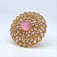 Gold-plated pink rosette adjustable ring with blush pink center stone and sparkling crystal accents for women