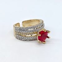 Gold-plated adjustable ring with ruby red center stone and sparkling American diamond accents for women