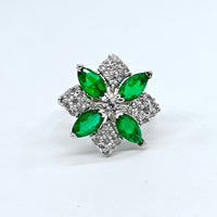 Green marquise flower adjustable ring with silver-plated finish and sparkling crystal accents for women.