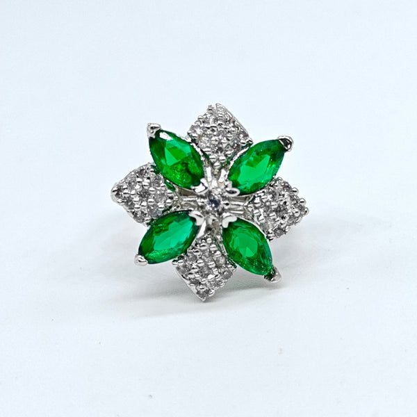 Green marquise flower adjustable ring with silver-plated finish and sparkling crystal accents for women.