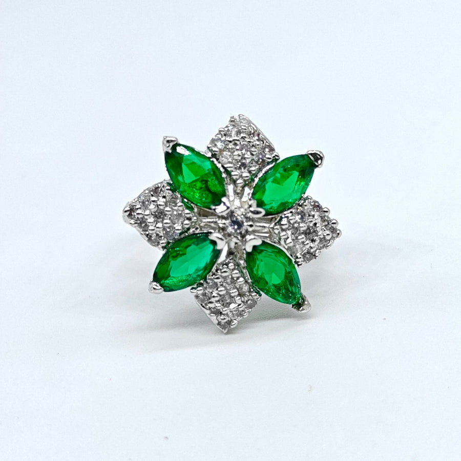 Green marquise flower adjustable ring with silver-plated finish and sparkling crystal accents for women.
