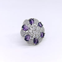 Silver-Plated Amethyst Petal Halo Adjustable Ring