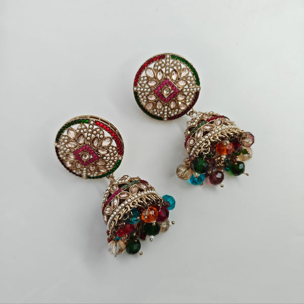 Multicolor Kundan Jhumka Earrings with Maang Tikka & Kaanchain set