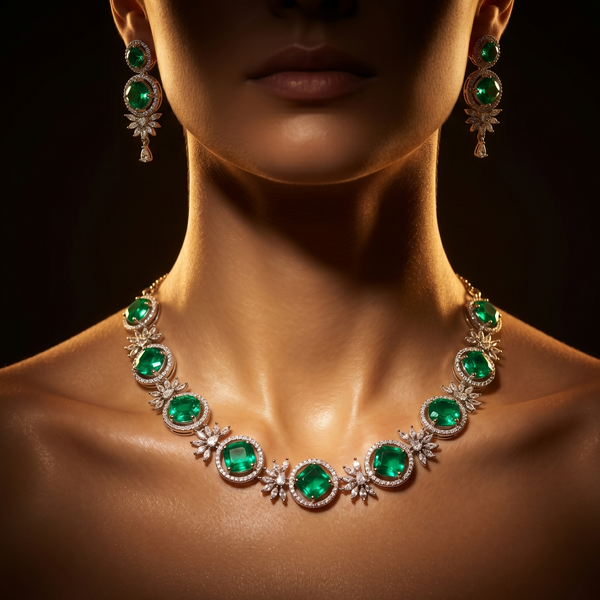 Close-up of a woman wearing a green emerald necklace and earrings against a dark background