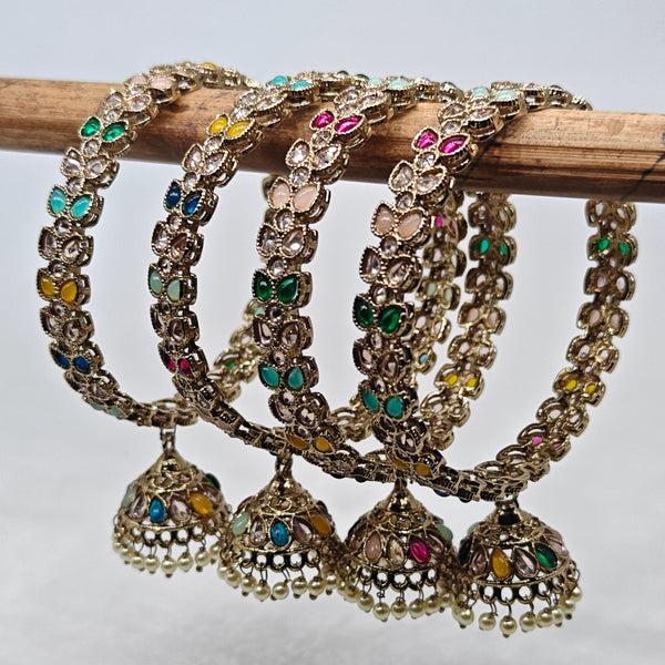 Multicolor kundan bangles with hanging jhumki charms and traditional ethnic design for women