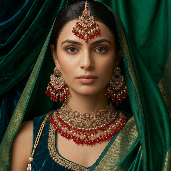 Woman in traditional attire with jewelry against a green curtain