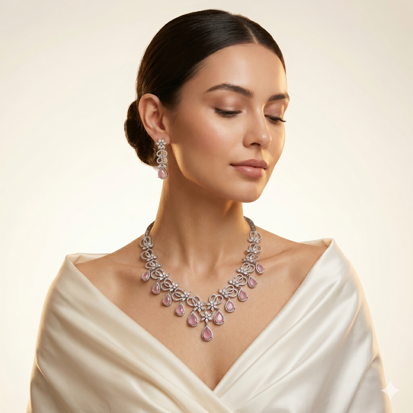 Woman wearing a luxurious necklace and earrings on a neutral background