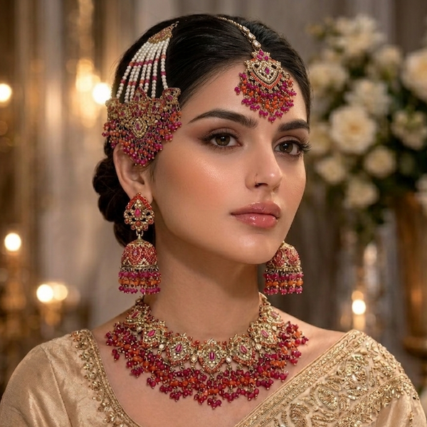 Woman wearing elaborate red and gold jewelry set with a blurred floral background