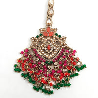 Decorative necklace with colorful beads on a white background