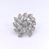 Pink floral cluster adjustable ring with silver-plated finish, crystal stones, and pink marquise accents for women