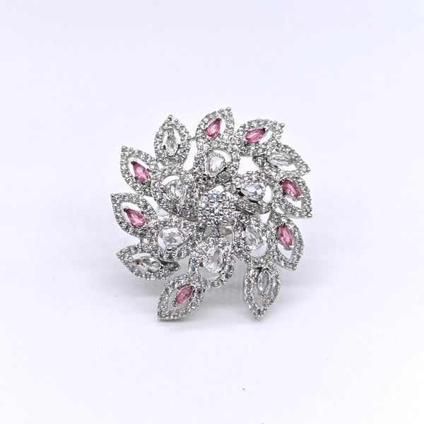 Pink floral cluster adjustable ring with silver-plated finish, crystal stones, and pink marquise accents for women