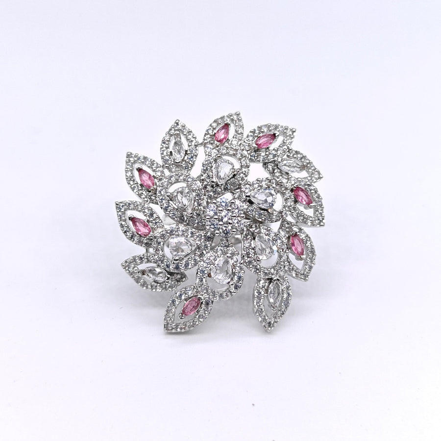 Pink floral cluster adjustable ring with silver-plated finish, crystal stones, and pink marquise accents for women