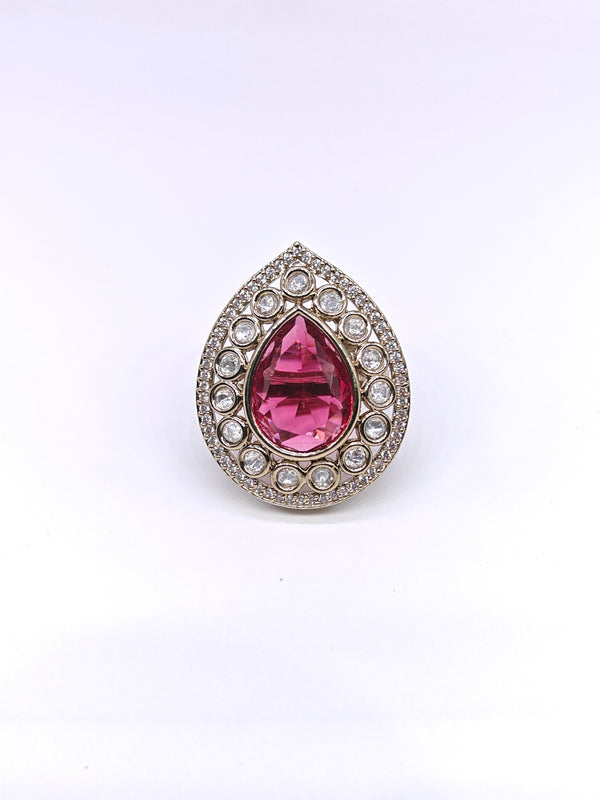 Pink teardrop adjustable ring and sparkling crystal accents for women
