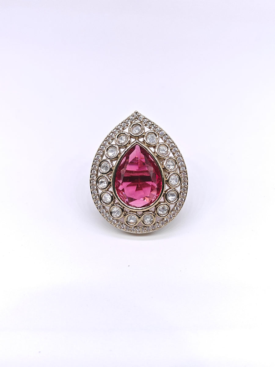 Pink teardrop adjustable ring and sparkling crystal accents for women