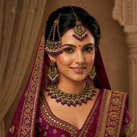 Woman in traditional maroon and gold attire with jewelry against a warm-toned background