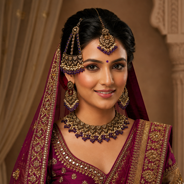 Woman in traditional maroon and gold attire with jewelry against a warm-toned background