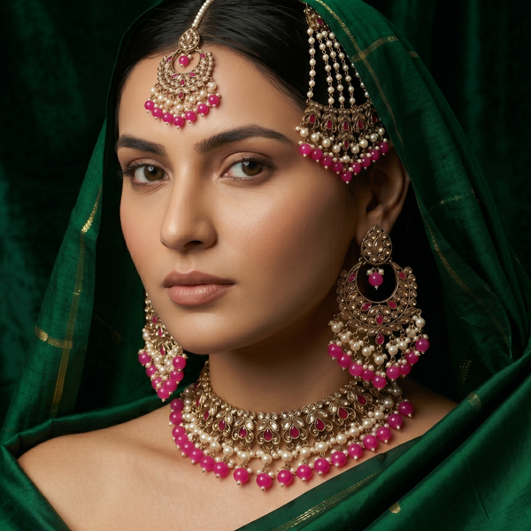 Woman wearing traditional jewelry and a green saree with a dark background
