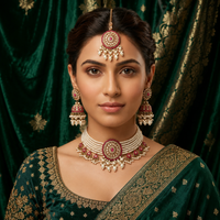 Woman wearing traditional jewelry and a green saree with a dark green curtain background