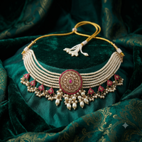 Ornate necklace with pearls and red stones on a green fabric background