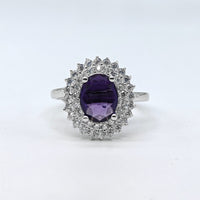 Silver-plated amethyst halo adjustable ring with purple oval stone and sparkling American diamond accents for women