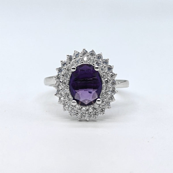Silver-plated amethyst halo adjustable ring with purple oval stone and sparkling American diamond accents for women