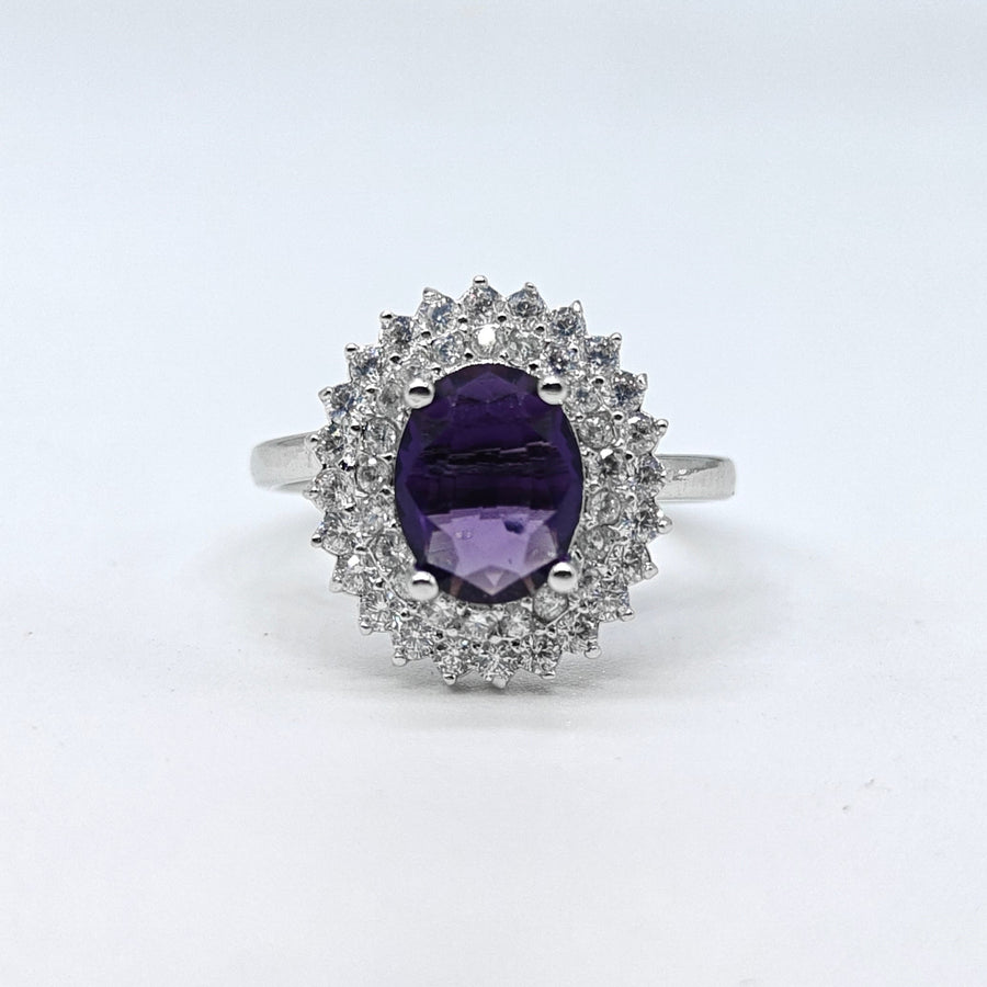 Silver-plated amethyst halo adjustable ring with purple oval stone and sparkling American diamond accents for women