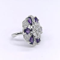 Silver-plated amethyst petal halo adjustable ring with purple marquise stones and sparkling American diamond accents for women