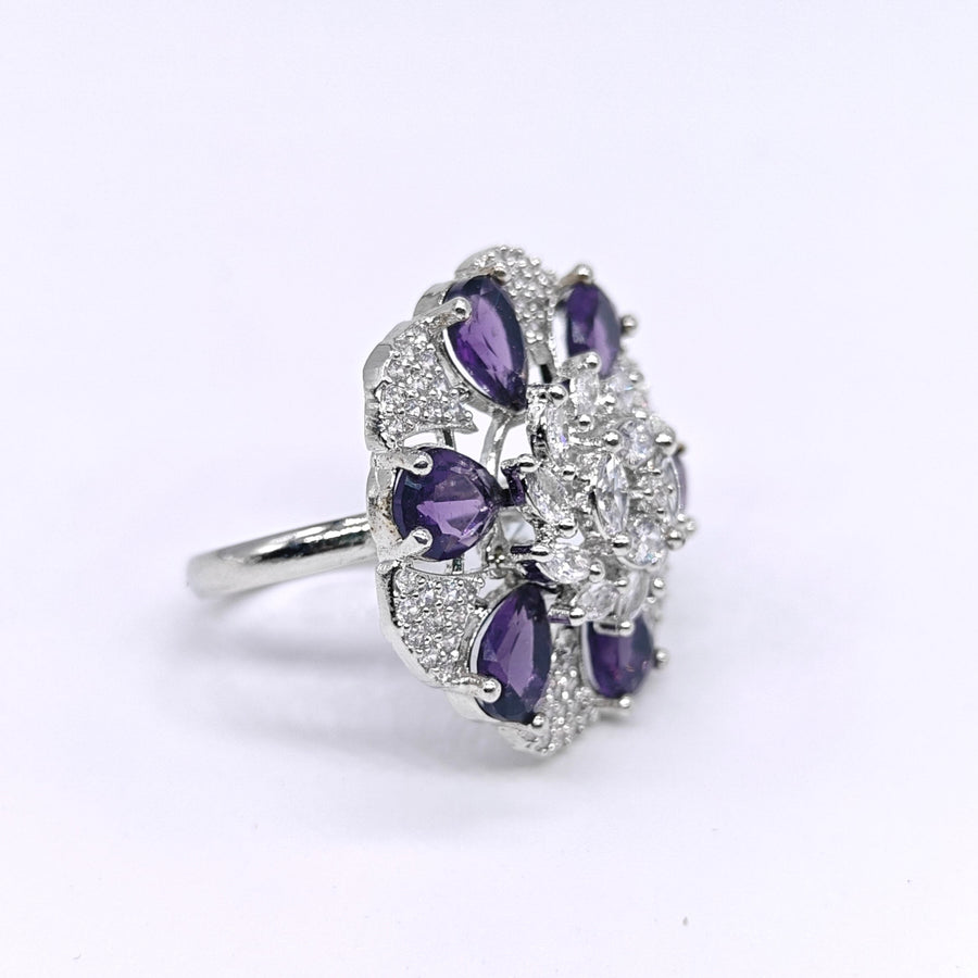 Silver-plated amethyst petal halo adjustable ring with purple marquise stones and sparkling American diamond accents for women