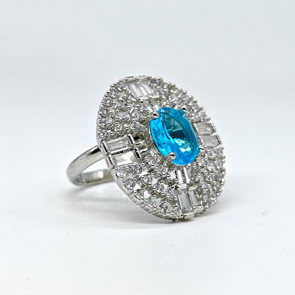 Silver-plated aqua radiance adjustable ring with blue oval center stone and sparkling American diamond accents for women