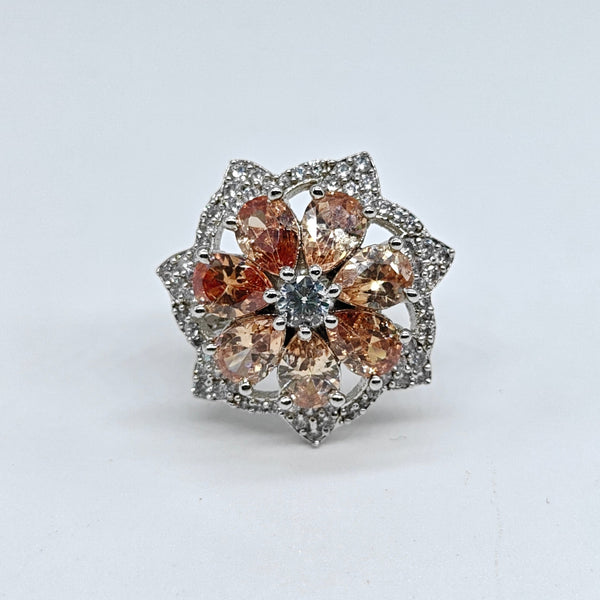 Silver-plated champagne blossom adjustable ring with floral crystal design and sparkling stone accents for women