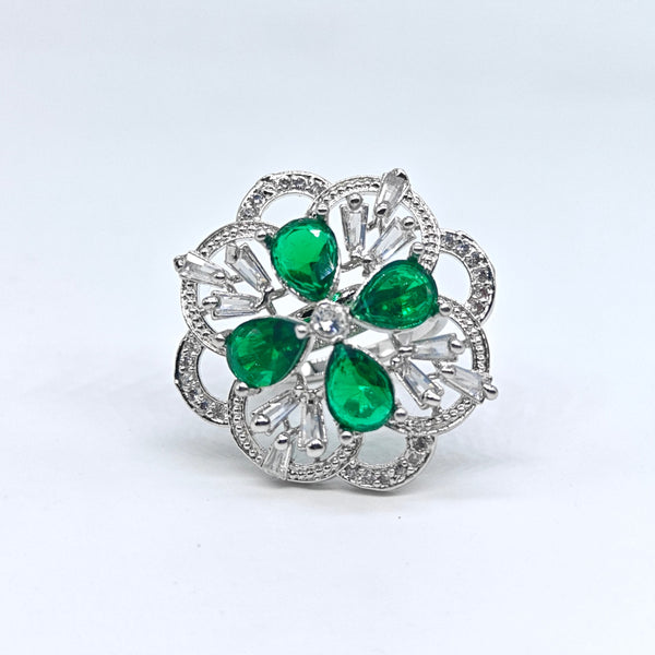 Silver-plated emerald petal bloom adjustable ring with green pear-cut stones and sparkling American diamond accents for women