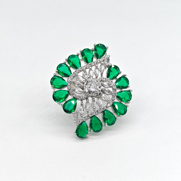 Silver-plated emerald swirl adjustable ring with green pear-cut stones and sparkling American diamond accents for women