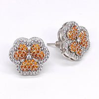 Pair of silver earrings with orange gemstones on a white background