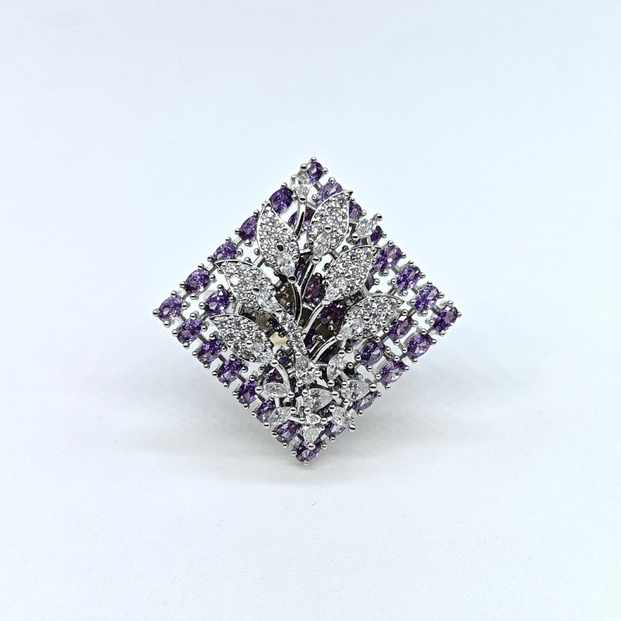 Silver-plated lavender leaf adjustable ring with purple stones and sparkling crystal accents for women