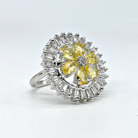 Silver-plated lemon blossom adjustable ring with yellow floral stones and sparkling American diamond accents for women