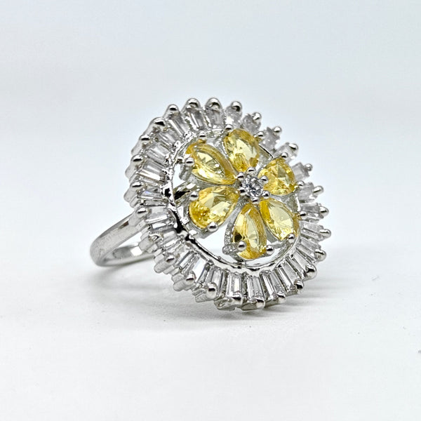 Silver-plated lemon blossom adjustable ring with yellow floral stones and sparkling American diamond accents for women