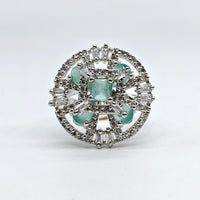 Silver-plated mint mosaic adjustable ring with mint-green stones and sparkling American diamond accents for women